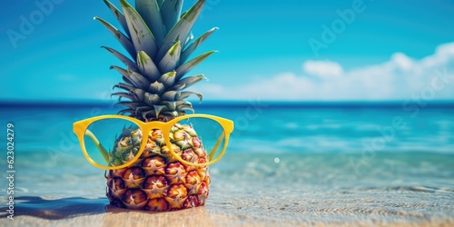 Pineapple with glasses on tropical beach background. Summer concept. copy space, generative ai
