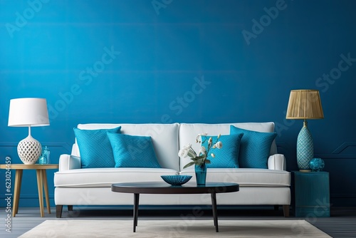 living room interior with posters on the wall. Grey settee near white cupboard in scandia living room photo