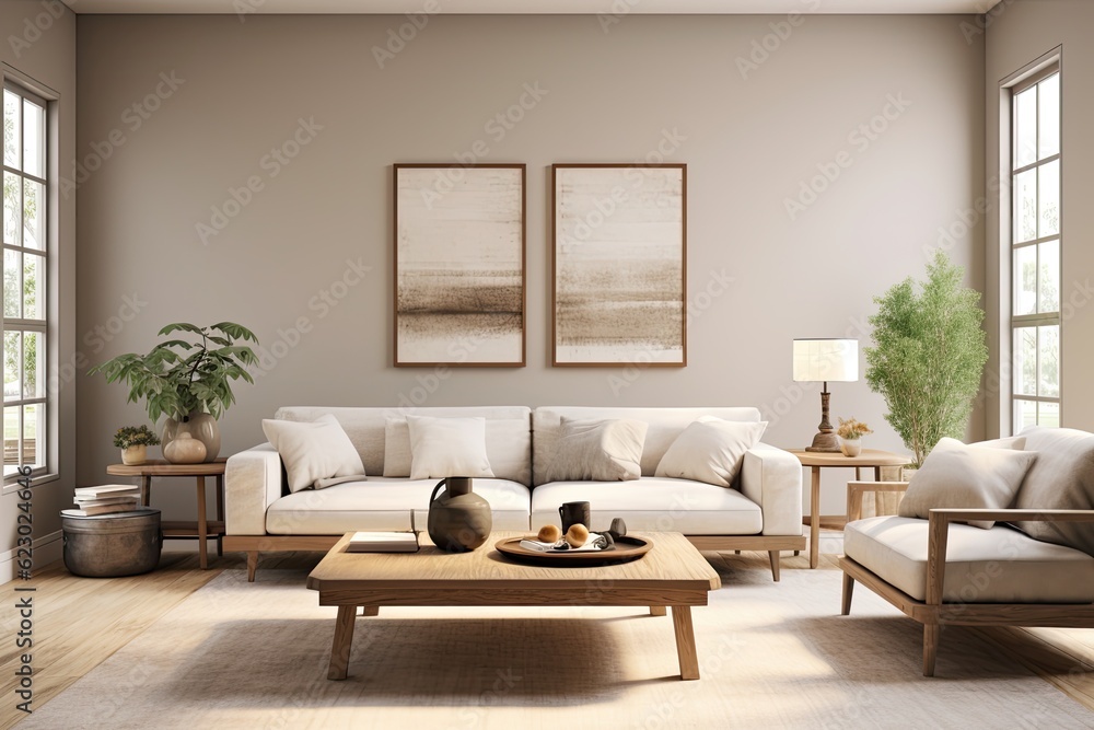 Fototapeta premium living room interior with posters on the wall. Grey settee near white cupboard in scandia living room