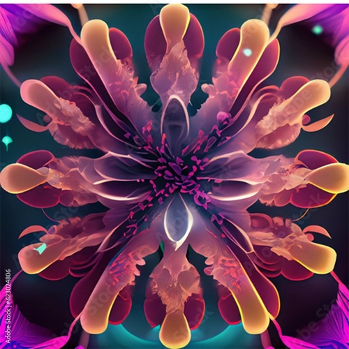 Multicolor neon light drawing  abstract shape flowers isolated on black background. Glowing line art. The Illumination of vibrant radiance of neon flower  Generative AI illustration