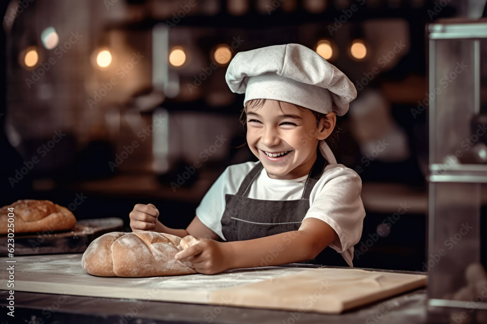 cute little chef baker in an apron and hat chef with freshly baked wheat bread. generative AI