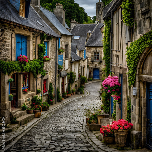 Charming medieval street in old town. Picturesque countryside. Amazing digital illustration. CG Artwork Background