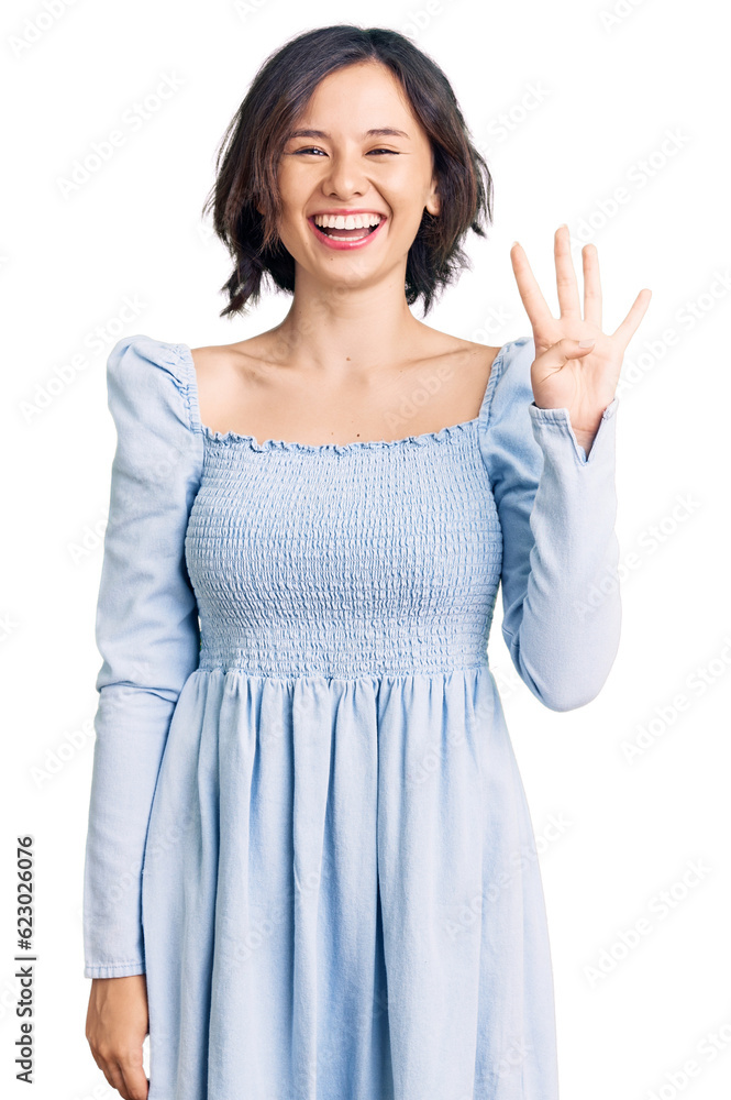 Young beautiful girl wearing casual clothes showing and pointing up with fingers number four while smiling confident and happy. Young beautiful girl wearing casual clothes showing and pointing up with fingers number four while smiling confident and happy.