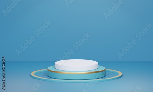 3D rendering blue product background stand or podium product background on advertising display with golden ball attributes. 3D rendering.