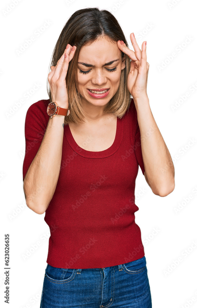 Young blonde girl wearing casual clothes with hand on head, headache because stress. suffering migraine. Young blonde girl wearing casual clothes with hand on head, headache because stress. suffering migraine.