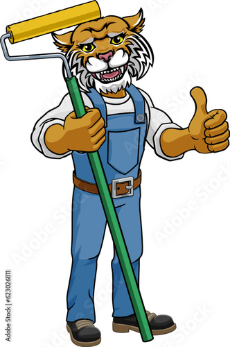 A wildcat painter decorator handyman cartoon construction man mascot character holding a paint roller tool