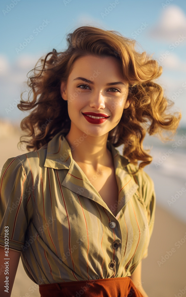 Beautiful and smiling young woman dressed in retro style stands on the beach Beautiful and smiling young woman dressed in retro style stands on the beach
