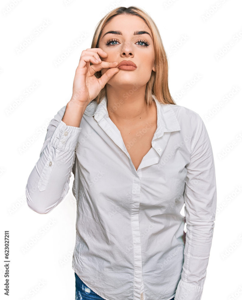Young caucasian woman wearing casual clothes mouth and lips shut as zip with fingers. secret and silent, taboo talking Young caucasian woman wearing casual clothes mouth and lips shut as zip with fingers. secret and silent, taboo talking