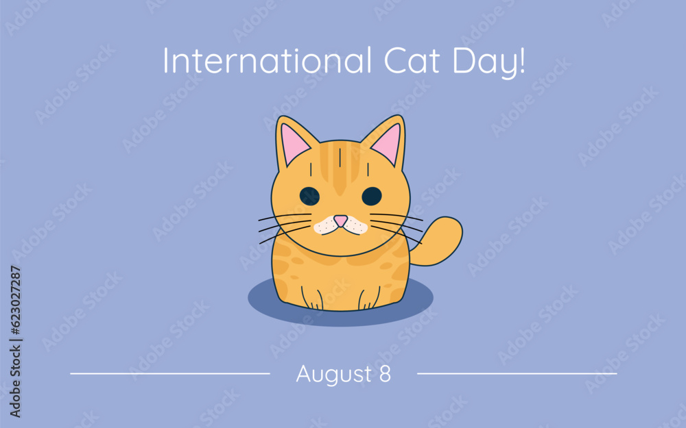 International Cat Day banner with cute flat cat on a light blue background, Cat Day invitation, celebration of August 8.