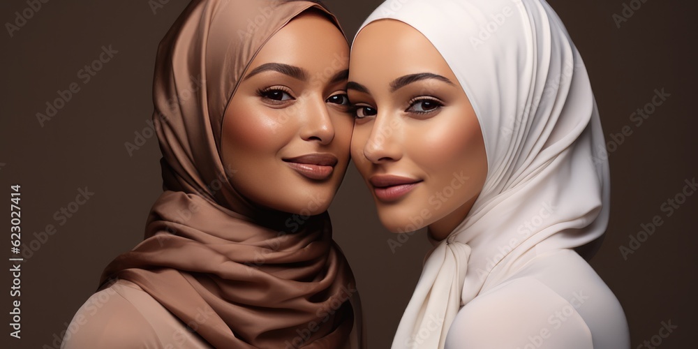 Two Muslim Women In Hijab Headscarf Embracing Posing Smiling To Camera Standing Together In Studio On Brown Background. Arabic Female Fashion Concept. Modern Islamic Ladies Portrait, generative ai