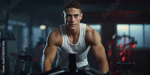Portrait of a Young athletic man in sportswear doing cycling on exercise bikes at the gym, generative ai