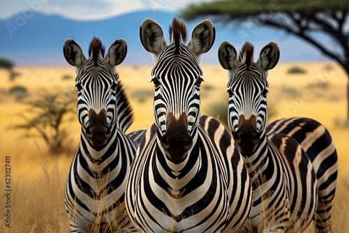 Three Zebras in the Serengeti A Captivating Wildlife Image. Generative AI © Haider