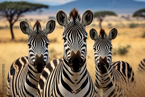 Three Zebras in the Serengeti A Captivating Wildlife Image. Generative AI