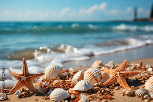 Seashells and Starfish. A Serene Beachscape. Generative AI