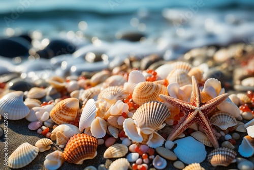 Seashells and Starfish. A Serene Beachscape. Generative AI