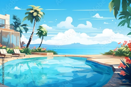 Stunning Summer Beach Landscape with Pool. Generative AI
