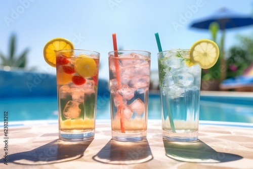 Refreshing Drinks by a Sunny Poolside. Generative AI