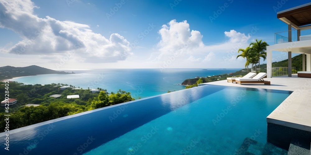 Summer Luxury Mansion with infinity pool overlooking the ocean on a warm sunny day with a deck chair and beautiful panoramic views