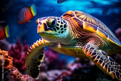Turtle with a Group of Colorful Fish and Sea Animals. Generative AI
