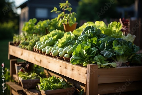 Organic Wooden Raised Bed Vegetable Garden. Generative AI