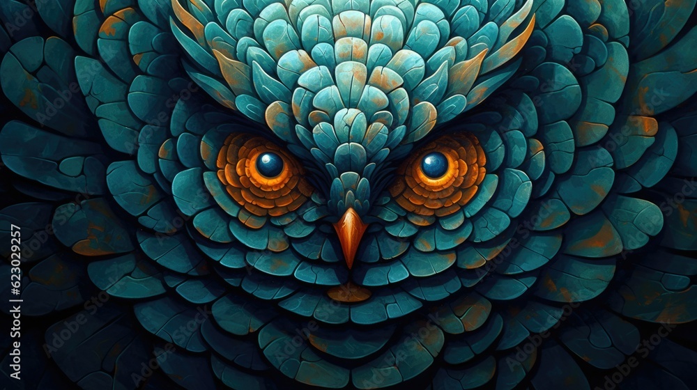 Obraz premium Artistic carved stone pebble mosaic art of an owl bird with captivating eyes, stacked and arranged in concentric circle patterns with detailed ornate textured complexity - generative AI