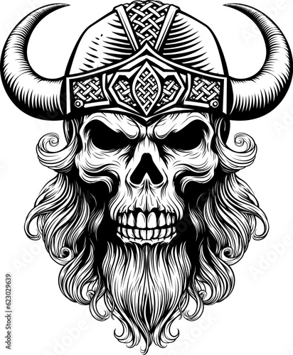 A Viking skull skeleton warrior or barbarian gladiator man mascot face looking strong wearing a helmet. In a retro vintage woodcut style.