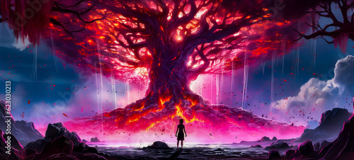 a girl is standing by a glowing tree in an isolated background