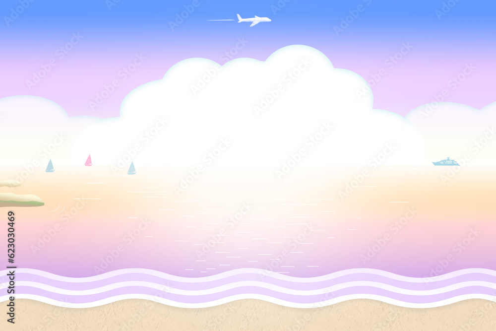 夕焼け又は朝焼けの海に浮かぶ船と飛行機の背景イラスト 夕焼け又は朝焼けの海に浮かぶ船と飛行機の背景イラスト