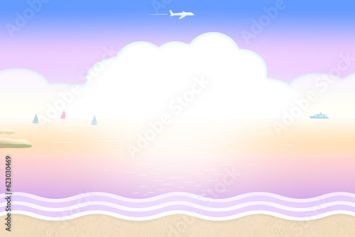 夕焼け又は朝焼けの海に浮かぶ船と飛行機の背景イラスト