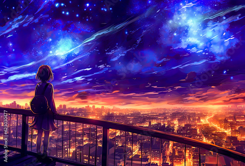a scene of the night sky with a gLooking at the city behind a fence, painting and anime styleirl