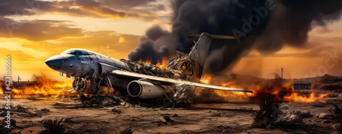 an aircraft on fire over a desert in battle © VicenSanh