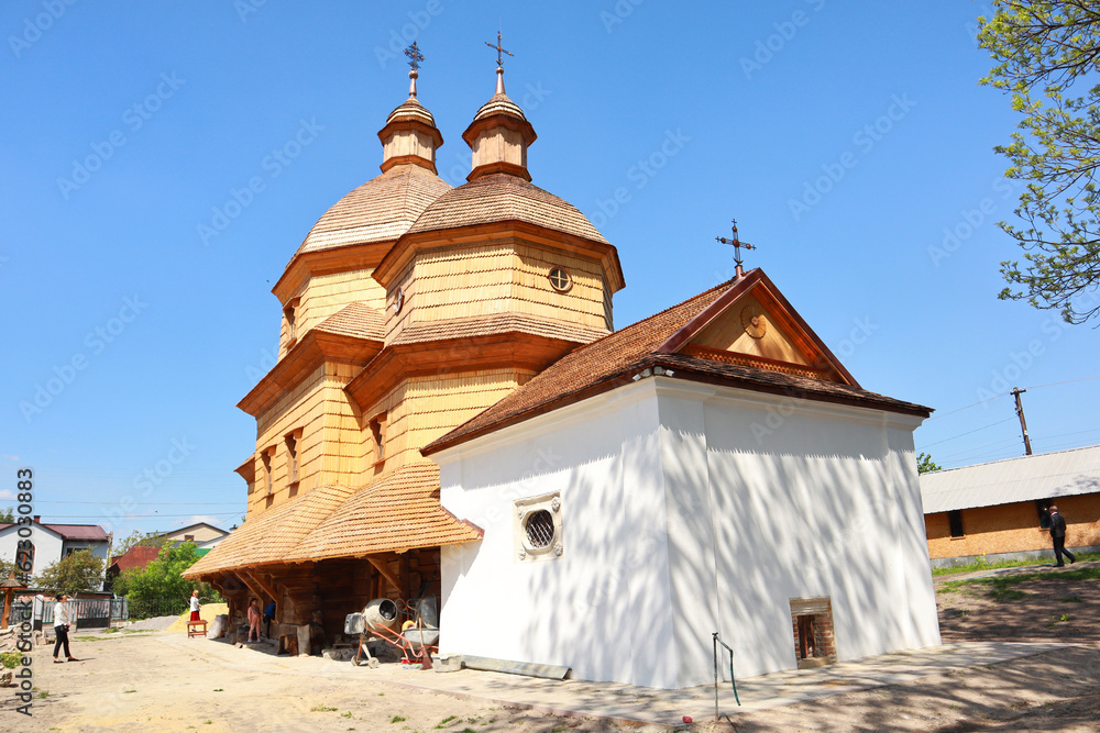 Vintage wooden Church of the Holy Trinity in Zhovkva, Ukraine