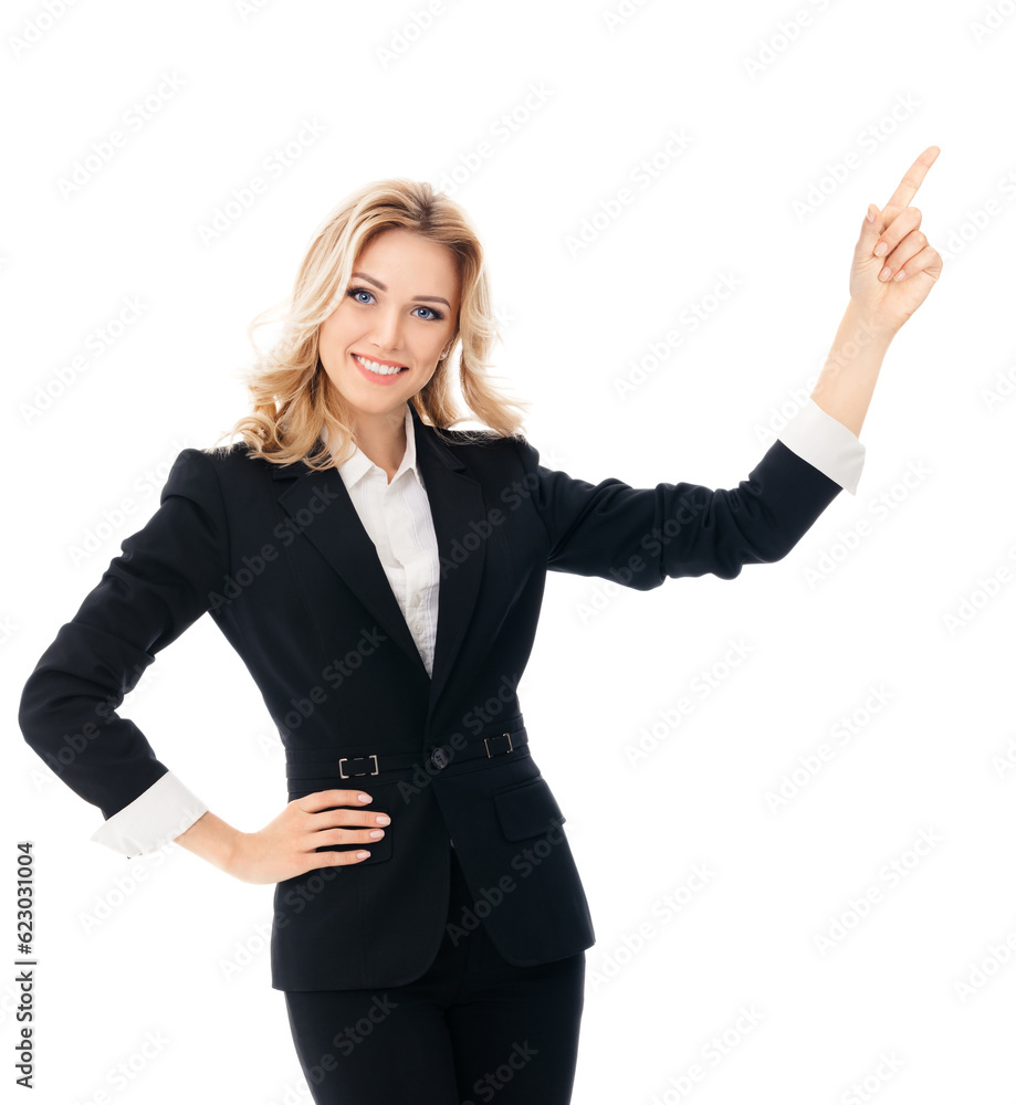 Happy smiling young businesswoman, pointing at something or showing copy space area for slogan or text, isolated over white background. Portrait of business woman at studio. Happy smiling young businesswoman, pointing at something or showing copy space area for slogan or text, isolated over white background. Portrait of business woman at studio.