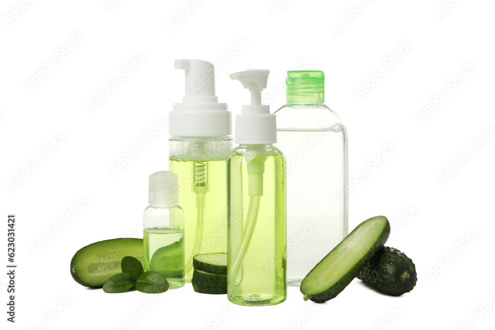 PNG, Bottles with cosmetics and sliced cucumber on white background