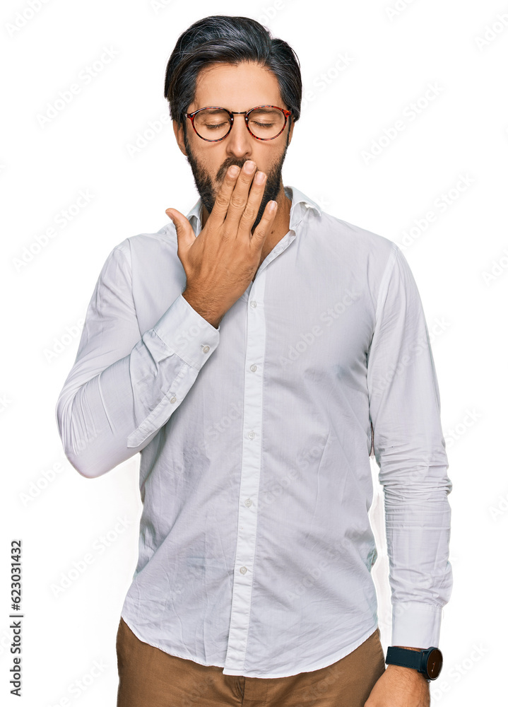 Young hispanic man wearing business shirt and glasses bored yawning tired covering mouth with hand. restless and sleepiness. Young hispanic man wearing business shirt and glasses bored yawning tired covering mouth with hand. restless and sleepiness.