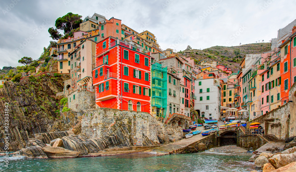 Beautiful colorful cityscape on the mountains over Mediterranean sea - Cinque Terre, italy