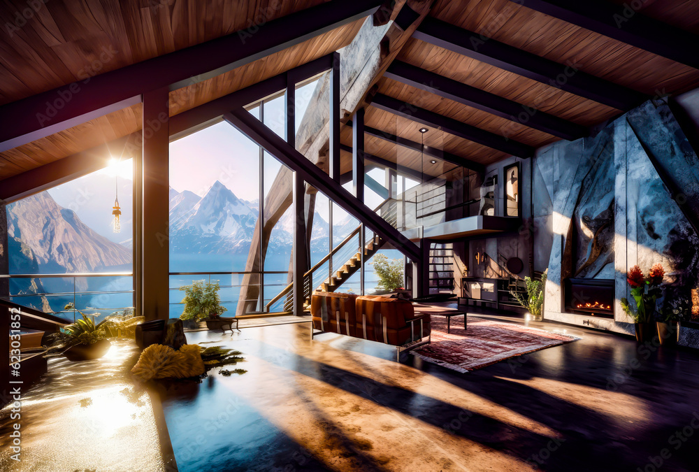 a mountain cabin inside with rock in the ceiling, wooden and comfortable