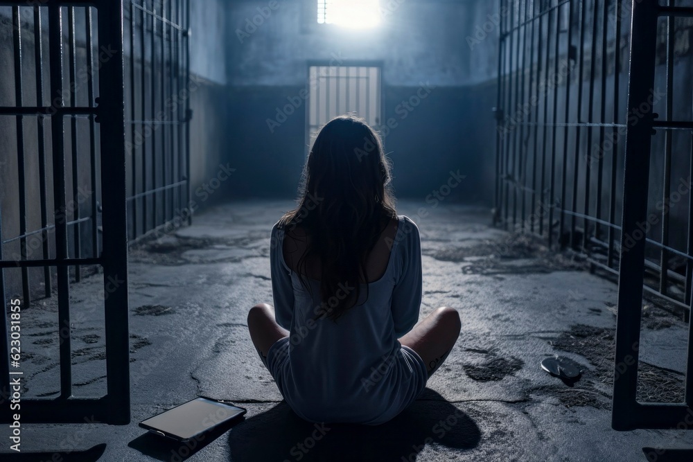 Young Girl Sitting in an Open Prison Cell with Tablet: Concept of Social Media Slavery