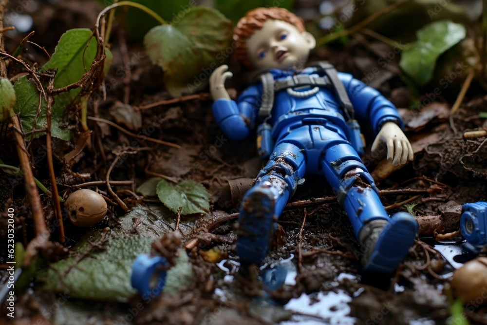 Abandoned Toy Figure on Earth: Concept of Human Destruction of the Planet