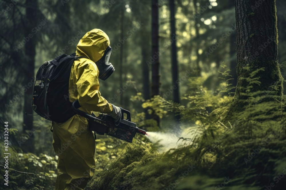 Man with Gas Mask Spraying Poison on Pristine Nature: Symbol of Pollution and Destruction by Humans