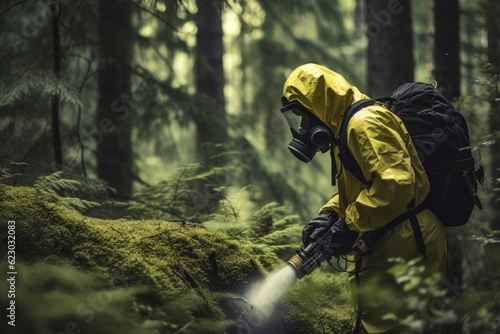 Man with Gas Mask Spraying Poison on Pristine Nature: Symbol of Pollution and Destruction by Humans