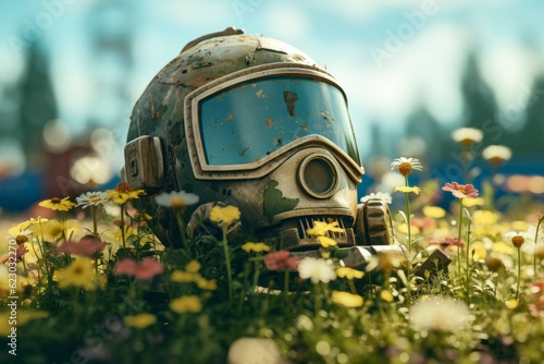 Human-induced World Destruction: Man in Gas Mask on Flowering Meadow