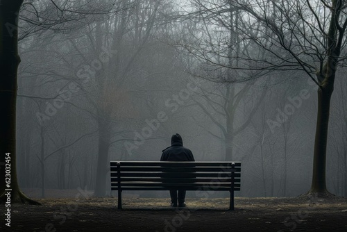 Solitary Boy on Park Bench in Rainy Day Symbolizing Solitude