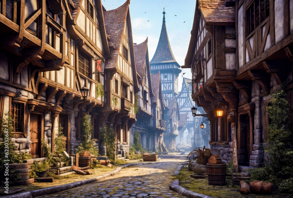 a street with houses in a medieval fantasy style