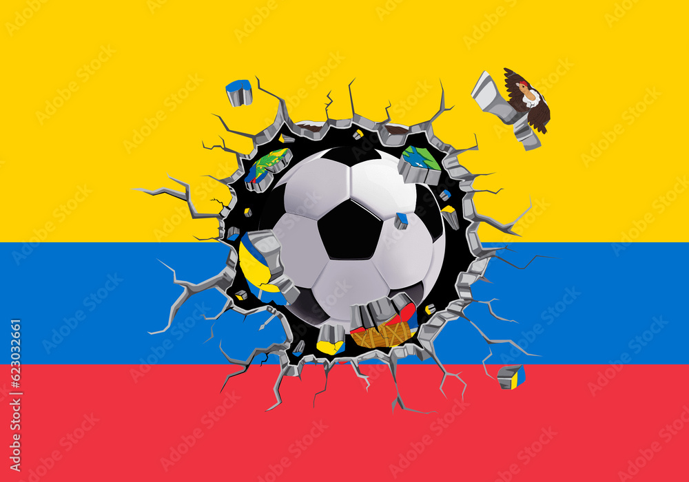 3D football through the wall with Ecuador flag pattern attached.