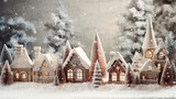 Christmas and New Year holiday background. Winter village with houses in snow.