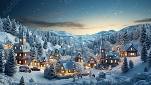 Christmas and New Year holiday background. Winter village with houses in snow. © fotogurmespb