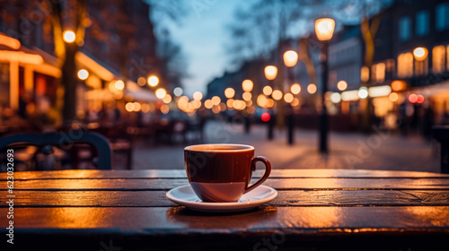 Cup of coffee on a wooden table in the city at night