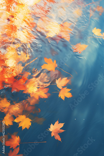 autumn leaves floating on calm water in close up, create using generative AI tools