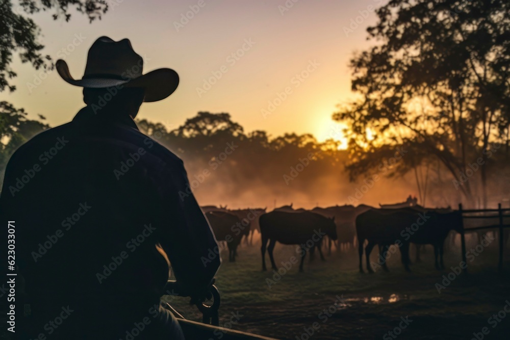 Silhouette of a Cowboy in American Ranch with Cows